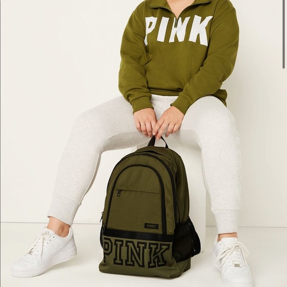 Victoria Secret’s PINK Collegiate Backpack Olive Green and Black - Picture 2 of 8